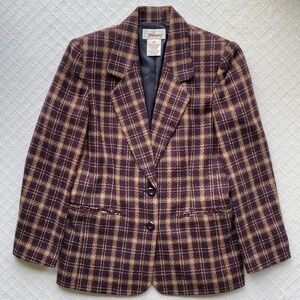 Vintage Worthington Petite Plaid Wool Blend Blazer Jacket Tan Red Navy Check 2P